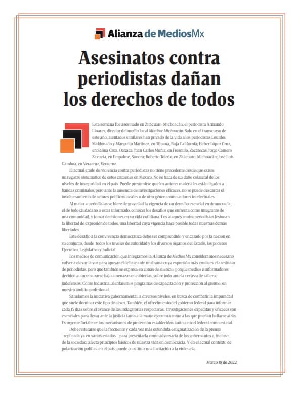 Asesinatos contra periodistas dañan los derechos de todos: Alianza de Medios Mx