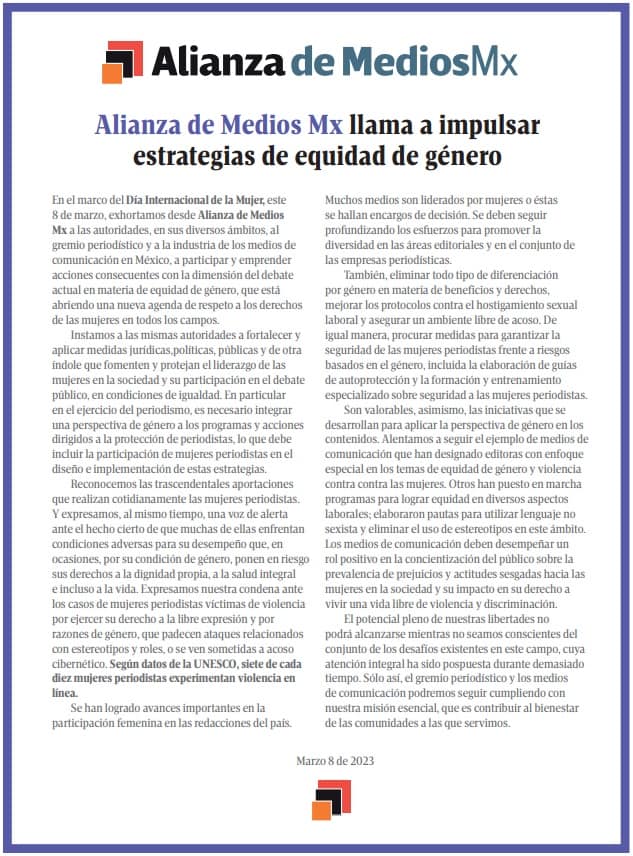Alianza de Medios Mx llama a impulsar estrategias de equidad de género