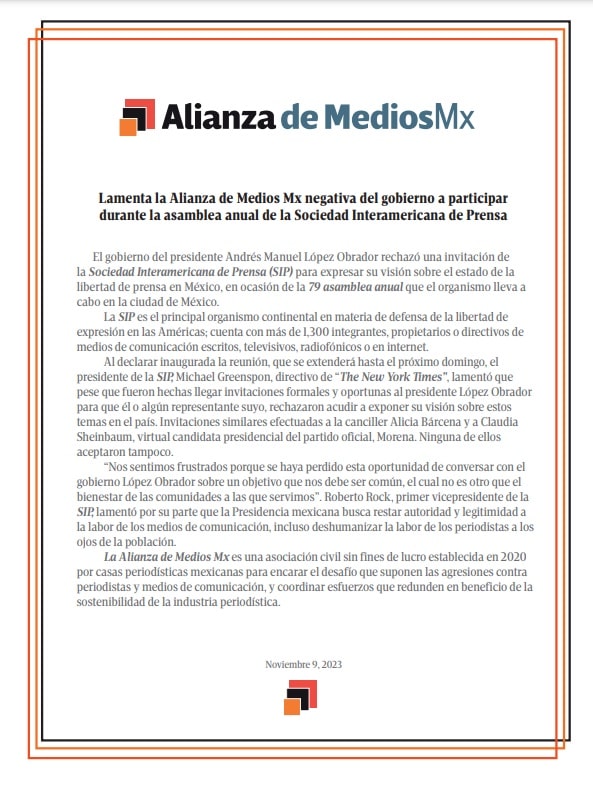 Alianza de Medios Mx lamenta desdén del gobierno para acudir a Asamblea de la SIP