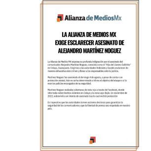 Alianza de Medios MX y SIP exigen esclarecer asesinato de comunicador Alejandro Martínez Noguez