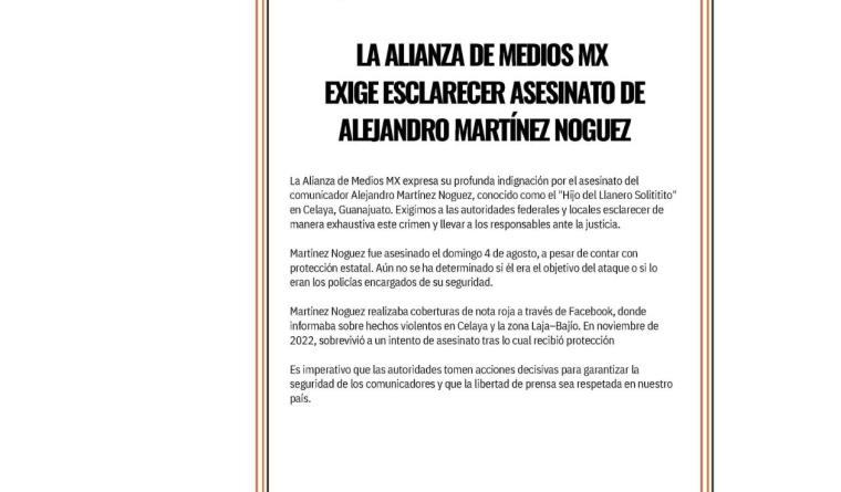 Alianza de Medios MX y SIP exigen esclarecer asesinato de comunicador Alejandro Martínez Noguez