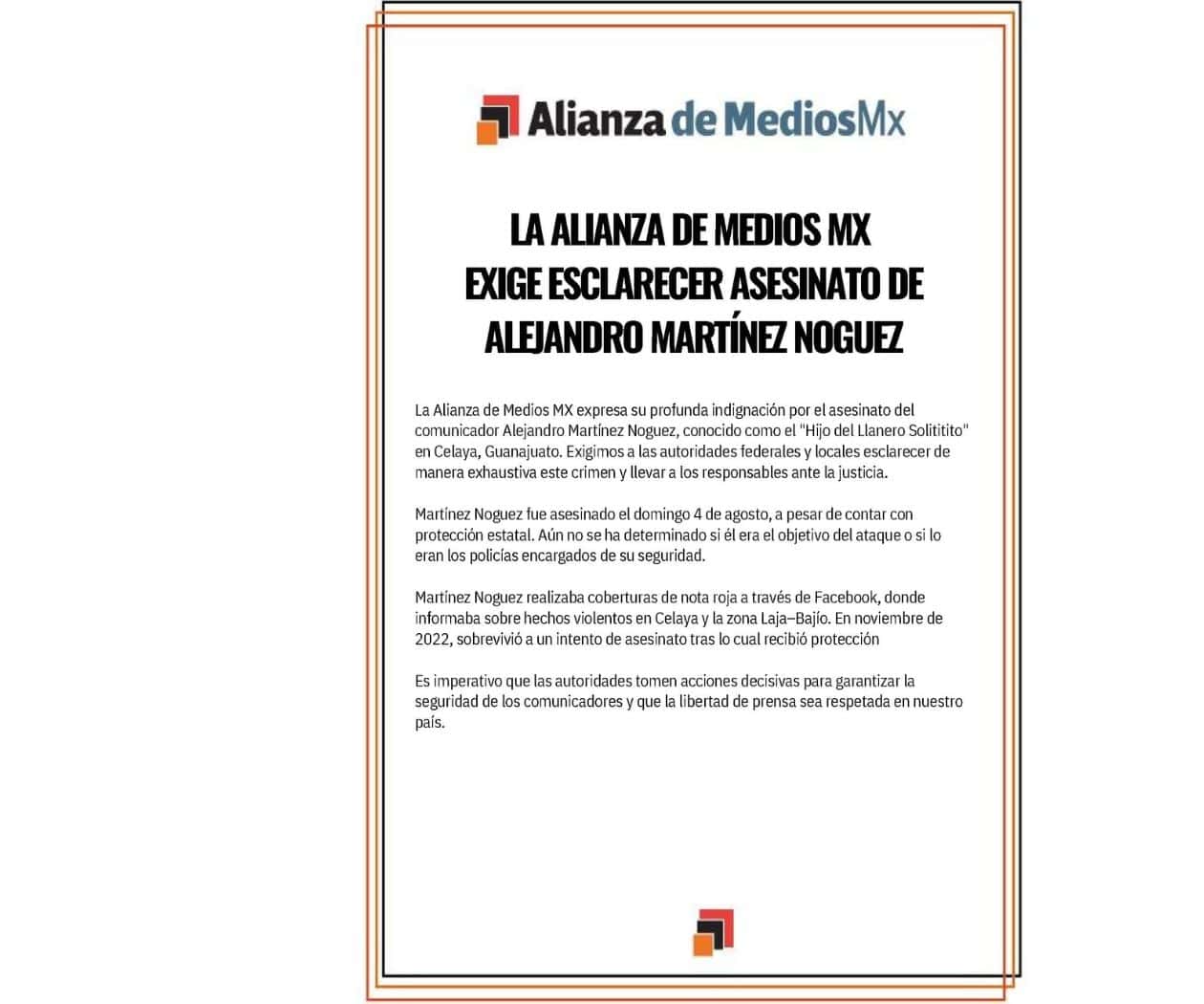 Alianza de Medios MX y SIP exigen esclarecer asesinato de comunicador Alejandro Martínez Noguez