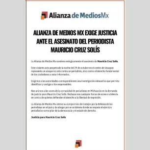 La Alianza de Medios Mx condena el asesinato del periodista Mauricio Cruz Sol&iacute;s
