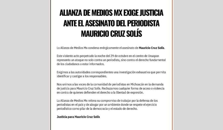 La Alianza de Medios Mx condena el asesinato del periodista Mauricio Cruz Solís